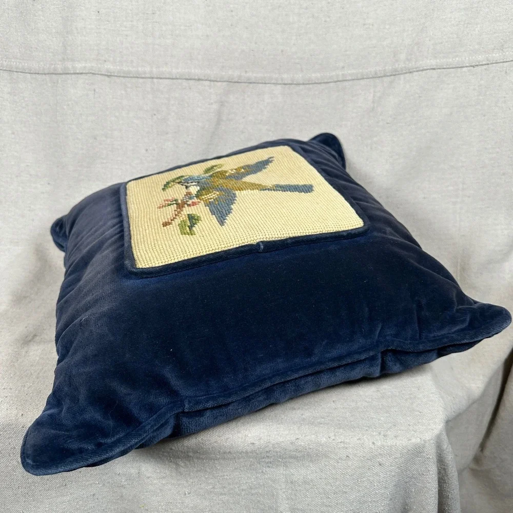 Vintage Bluebird Needlepoint Blue Velvet Throw Pillow 14x14 Square Accent